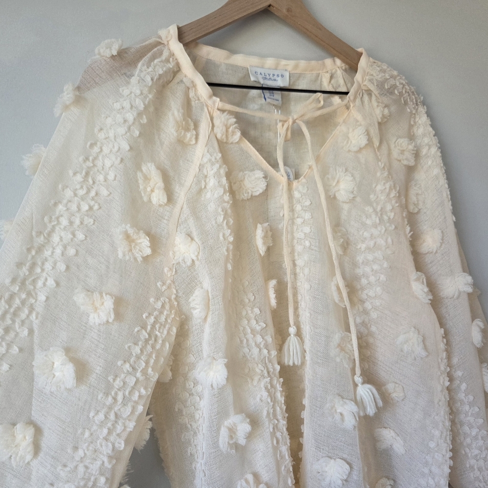 Calypso St Barth Cream Textured Sheer Tassel Tie Blouse Womens Size Medium - Picture 2 of 8